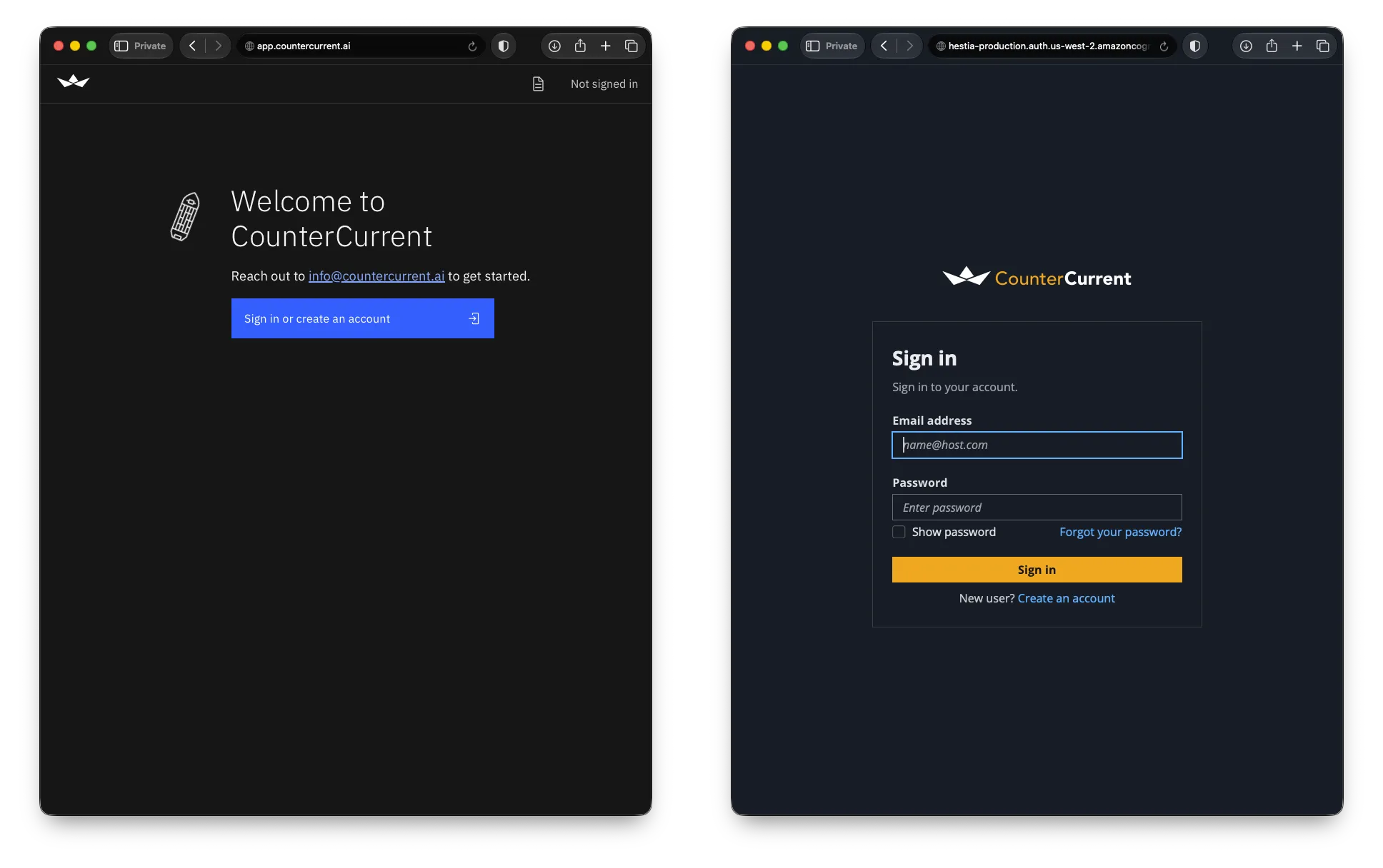 Sign-in screen at app.countercurrent.ai
