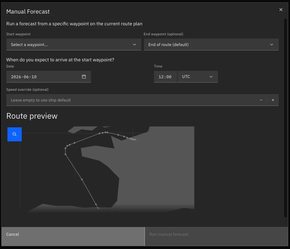 Manual forecast popup with waypoint and timing options