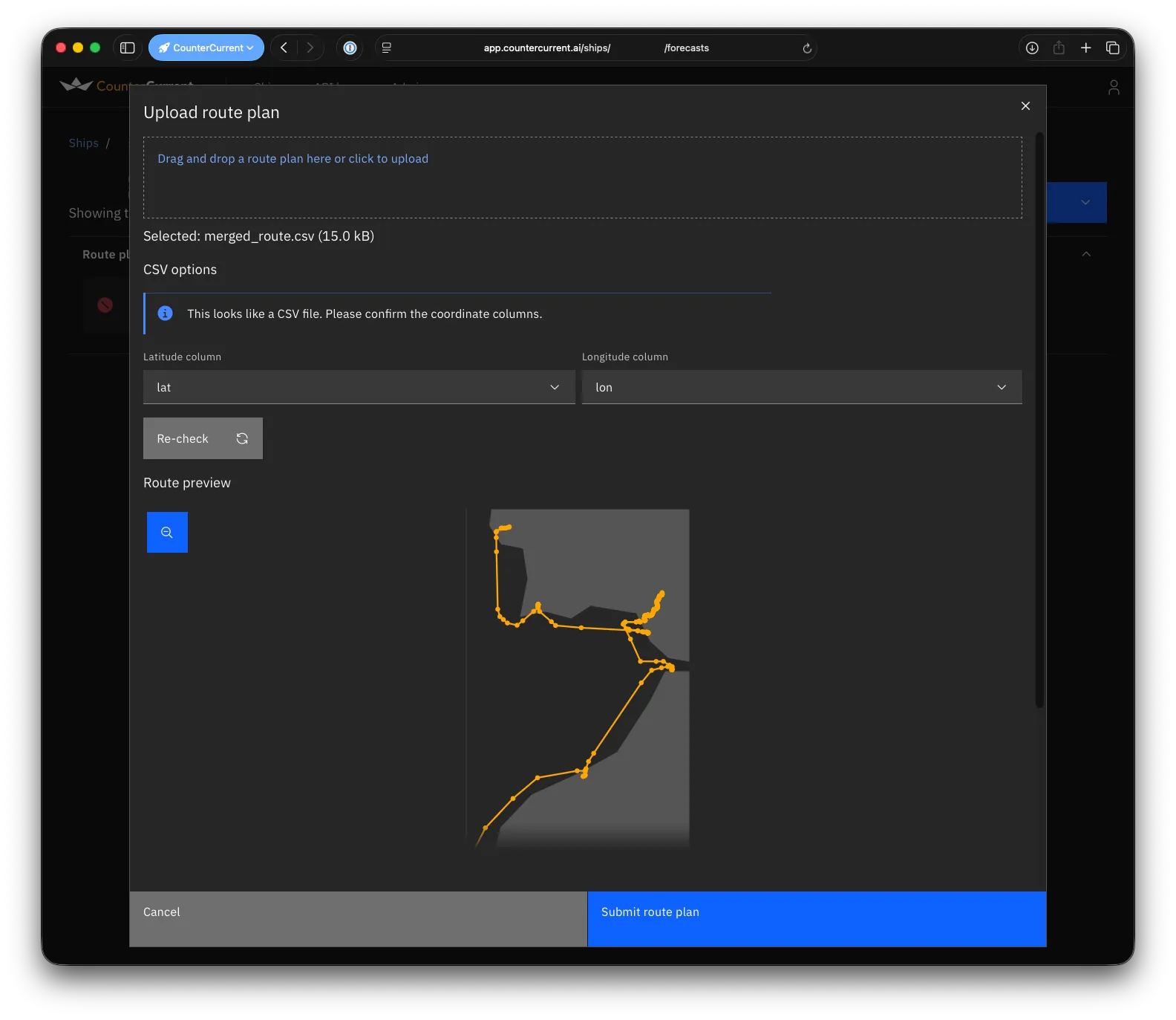 Upload voyage plan with CSV columns confirmed and route preview